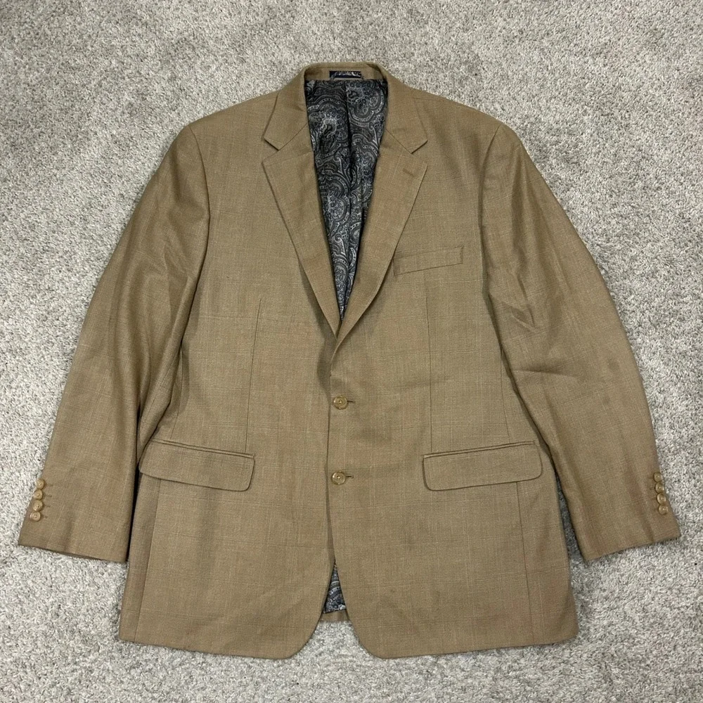 Ralph‎ Lauren Sport Coat Blazer 46L Tan Silk Wool Windowpane Two Button